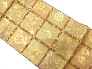 引き箔格子に花喰い鳥・若松模様織り出し名古屋帯